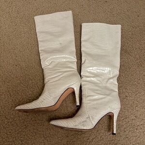 White Croc-Embossed Knee-High Boots